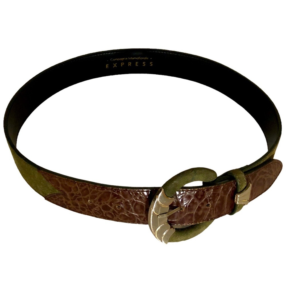 Green Suede Leather Brown Croco Circle Wrap Silver Shell Belt Express 90s y2k M